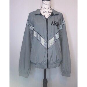 US Army Issued Physical Fitness Jacket Men LG Gray Black Full Zip Windbreaker PT